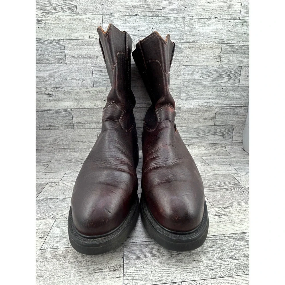 Justin Dark Brown Leather‎ Work Boots Pull On Roper Round Toe Oil Resist Men 12D